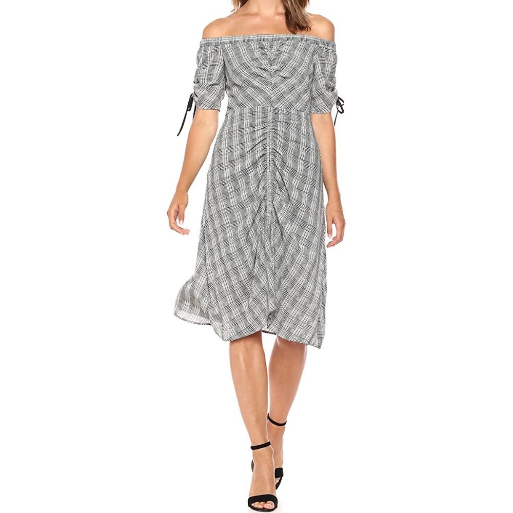 Sam Edelman Off-The-Shoulder Plaid A-Line Tartan Edgy Tweed Dress Midi Long 6
